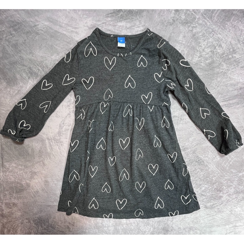 Old Navy Sweater Dress Girls 5T Charcoal Gray All Over Heart Print Round Neck
